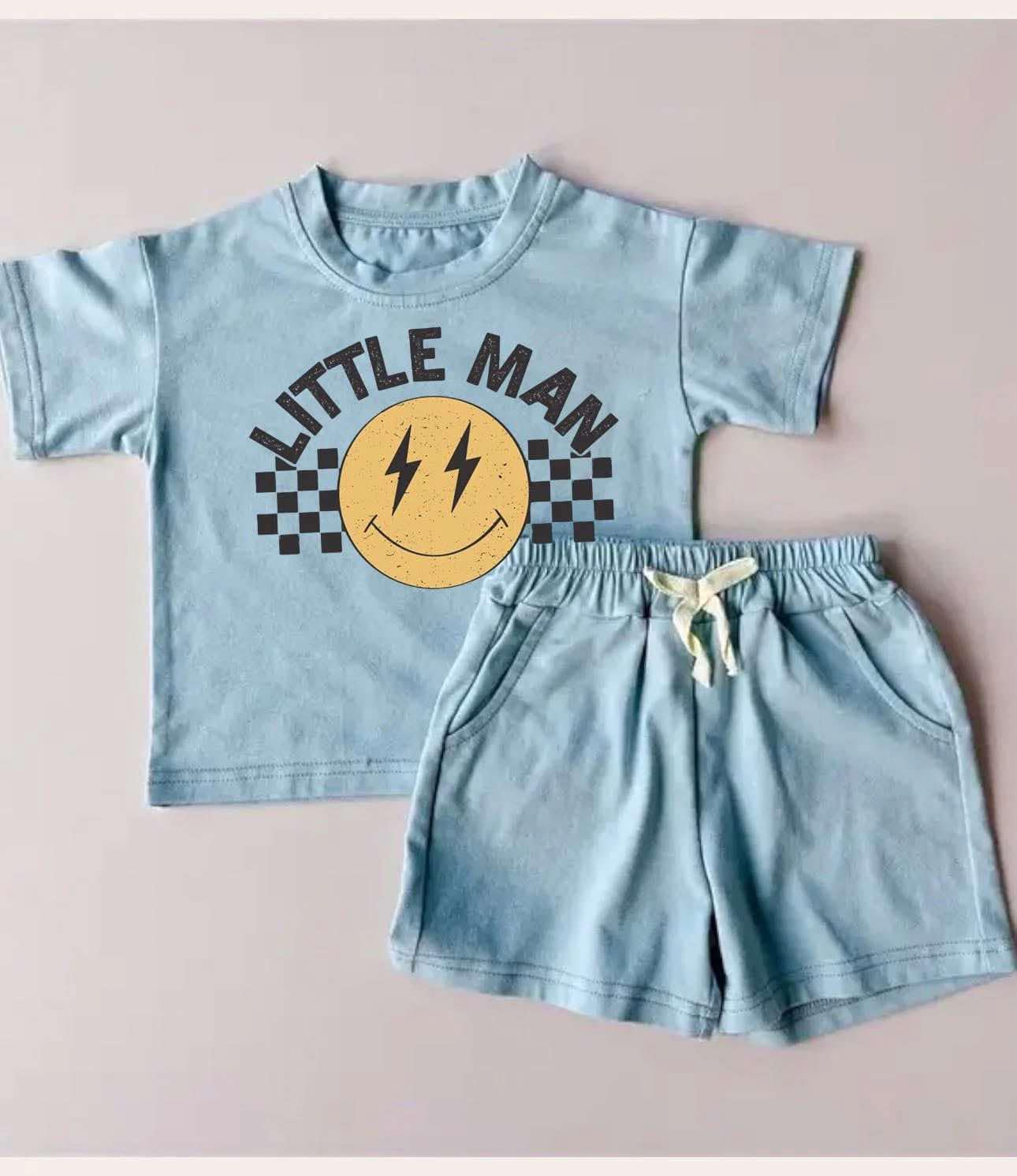 preorder BSSO1315 little man smile blue short sleeve shorts boys set