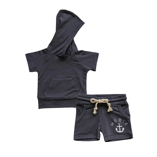 preorder BSSO1326 black short sleeve pocket hoodie shorts boys set