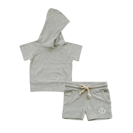 preorder BSSO1327 grey short sleeve pocket hoodie shorts boys set