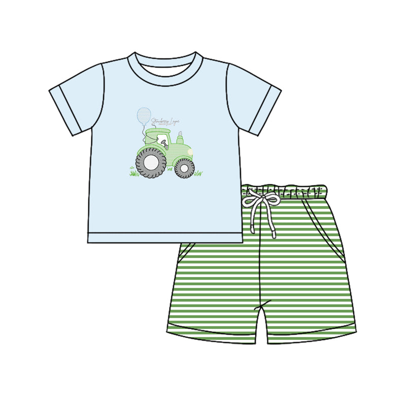 preorder BSSO1330 farm tractor blue short sleeve green striped shorts boys set