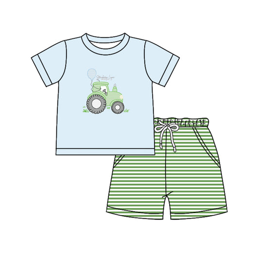 preorder BSSO1330 farm tractor blue short sleeve green striped shorts boys set