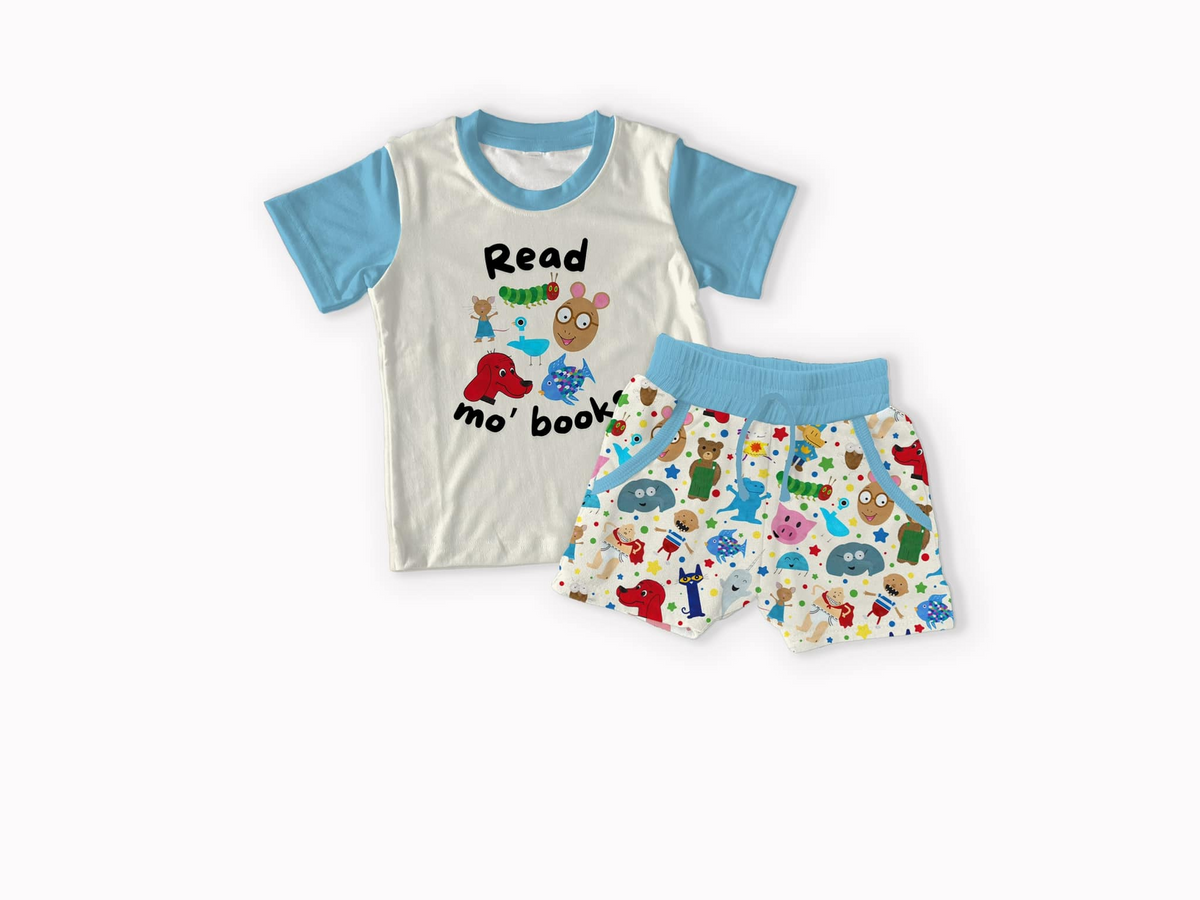 preorder BSSO1338 cartoon caterpillard blue short sleeve animals shorts boys set