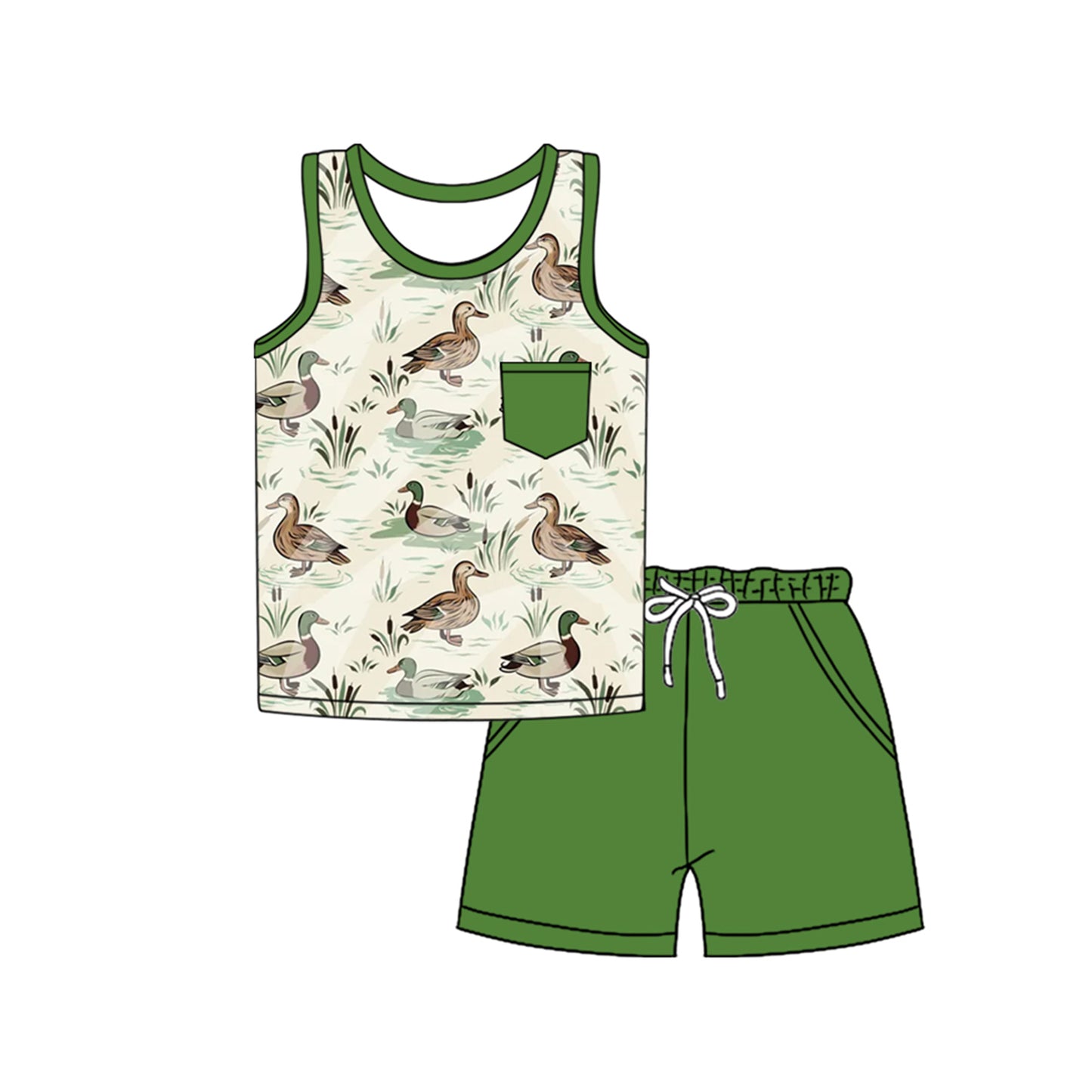 preorder BSSO1340 hunting mallard duck pocket sleeveless green shorts boys set