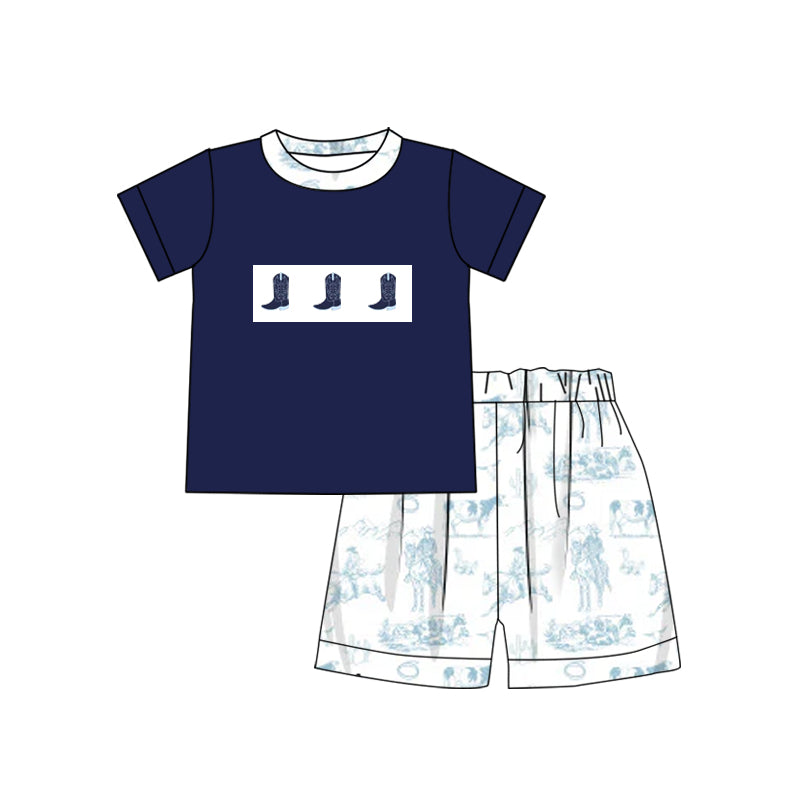 preorder BSSO1342 Western boot navy blue short sleeve rodeo shorts boys set