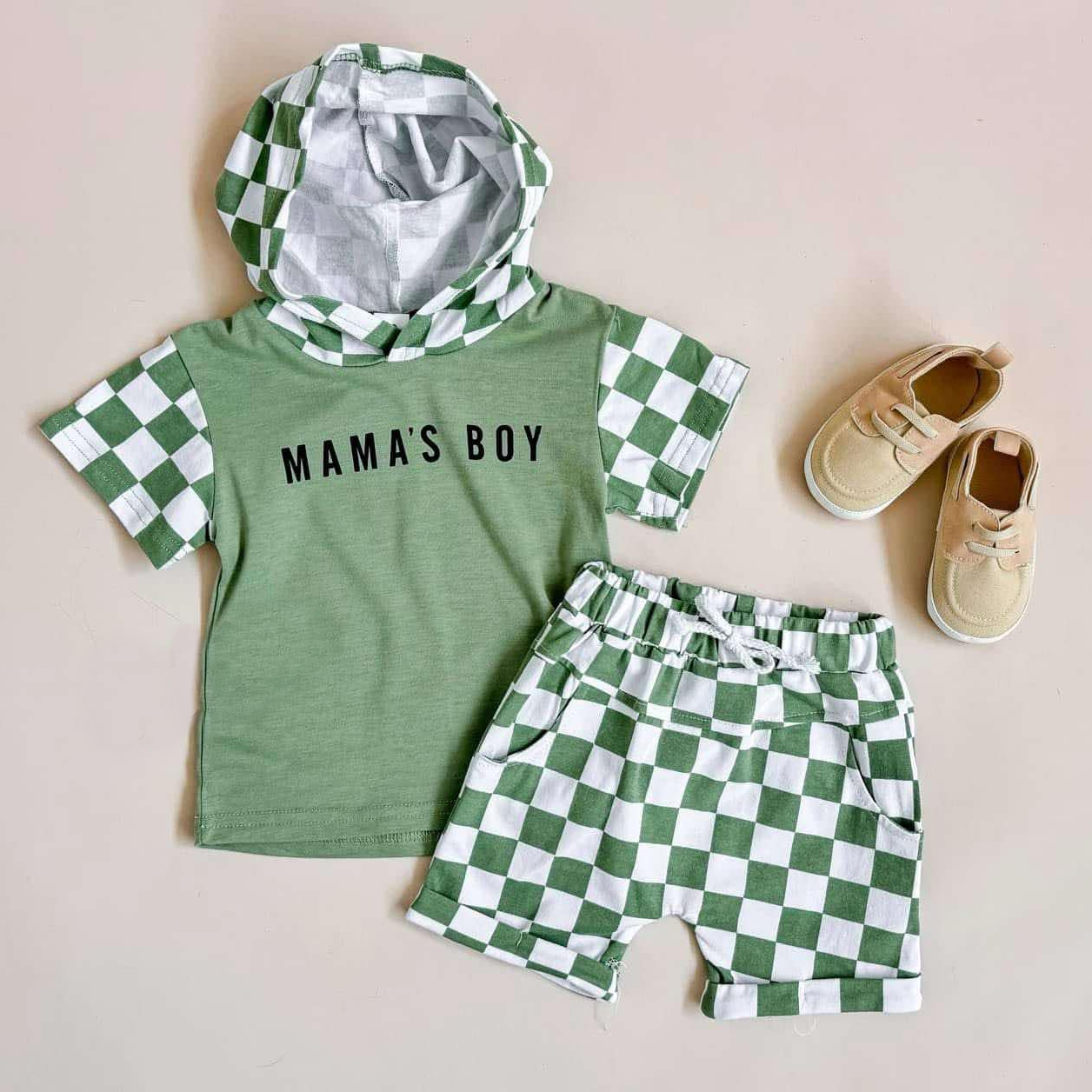 preorder BSSO1343 mama's boy green short sleeve hoodie green checkered shorts boys set