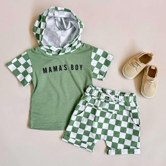 preorder BSSO1343 mama's boy green short sleeve hoodie green checkered shorts boys set