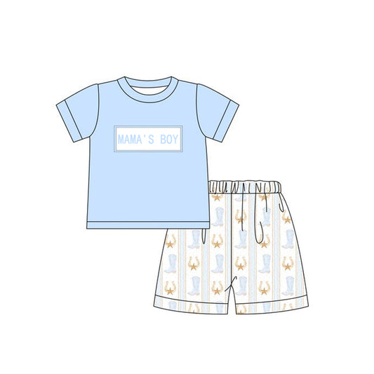 preorder BSSO1348 mama's boy blue short sleeve Western boot star shorts boys set