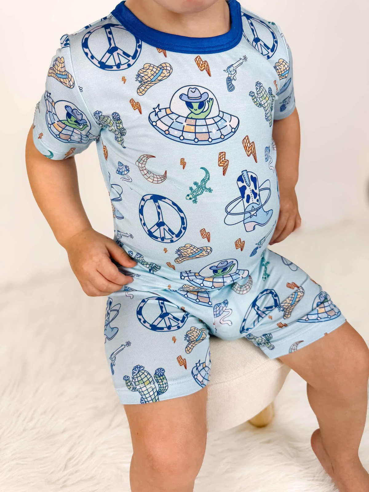 preorder BSSO1357 cartoon UFO Western boot blue short sleeve shorts boys pajamas