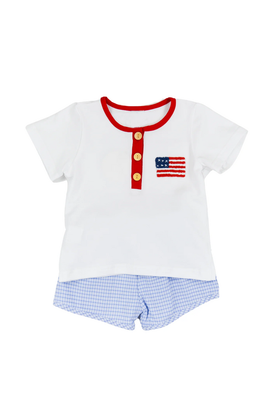 preorder BSSO1359 July 4th flag short sleeve blue shorts boys set