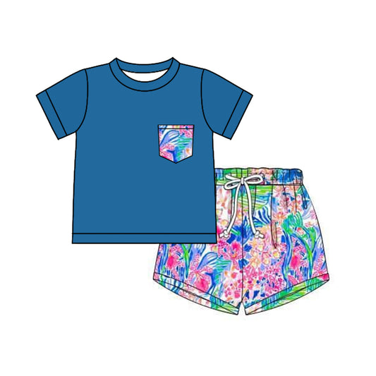preorder BSSO1379 navy blue pocket short sleeve colorful flowers shorts boys set
