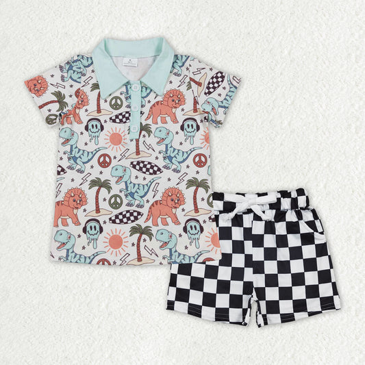 BSSO1383 cartoon disnosaur short sleeve black checkered shorts boys set