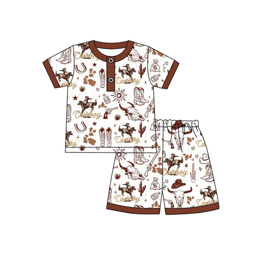 preorder BSSO1388 Western rodeo cow boot brown short sleeve shorts boys set