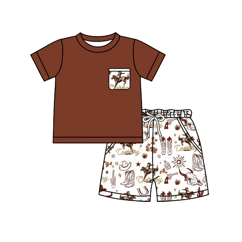 preorder BSSO1389 Western rodeo cow boot brown pocket short sleeve shorts boys set