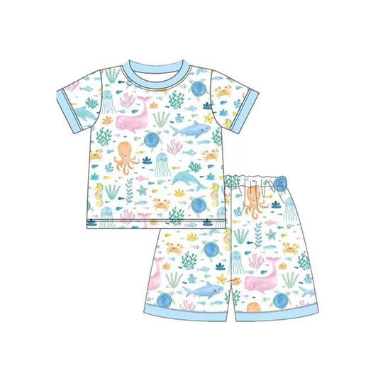 preorder BSSO1391 cartoon sea animals sharks octopus blue short sleeve shorts boys pajamas