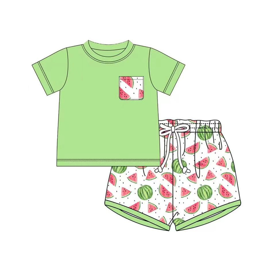 preorder BSSO1395 watermelon fruit green pocket short sleeve shorts boys set