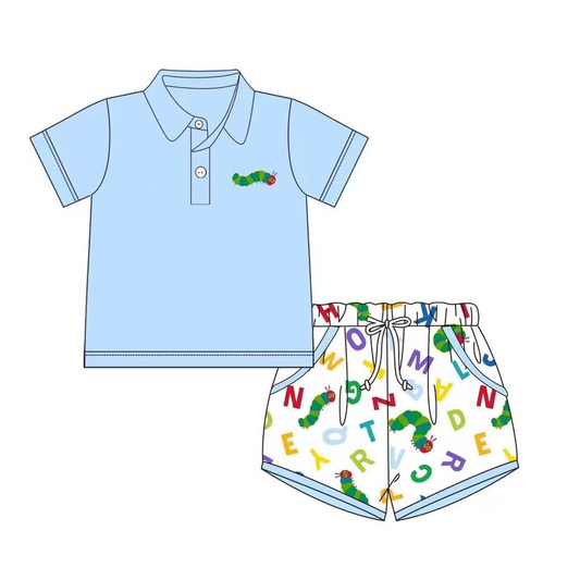 preorder BSSO1396 caterpillar blue short sleeve shorts boys set