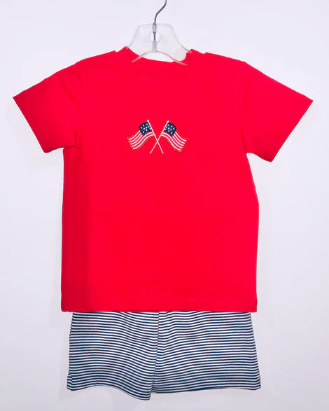 preorder BSSO1403 July 4th flag red short sleeve black striped shorts boys set