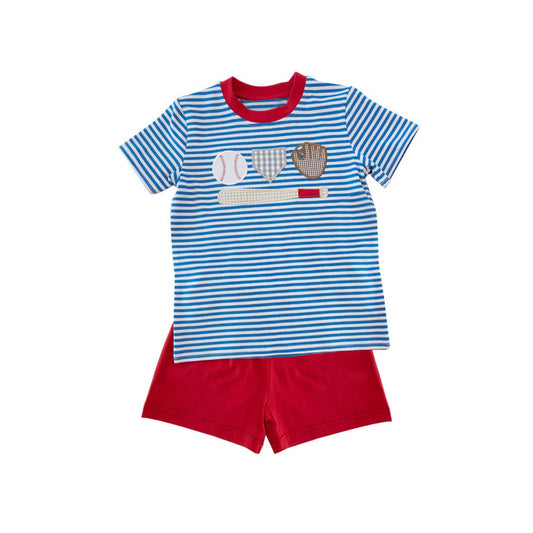 preorder BSSO1406 Baseball blue striped short sleeve red shorts boys set