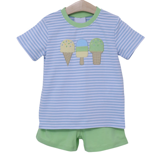 preorder BSSO1407 ice blue striped short sleeve green shorts boys set