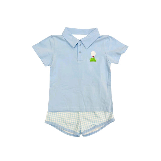 preorder BSSO1409 golf blue short sleeve blue checkered shorts boys set