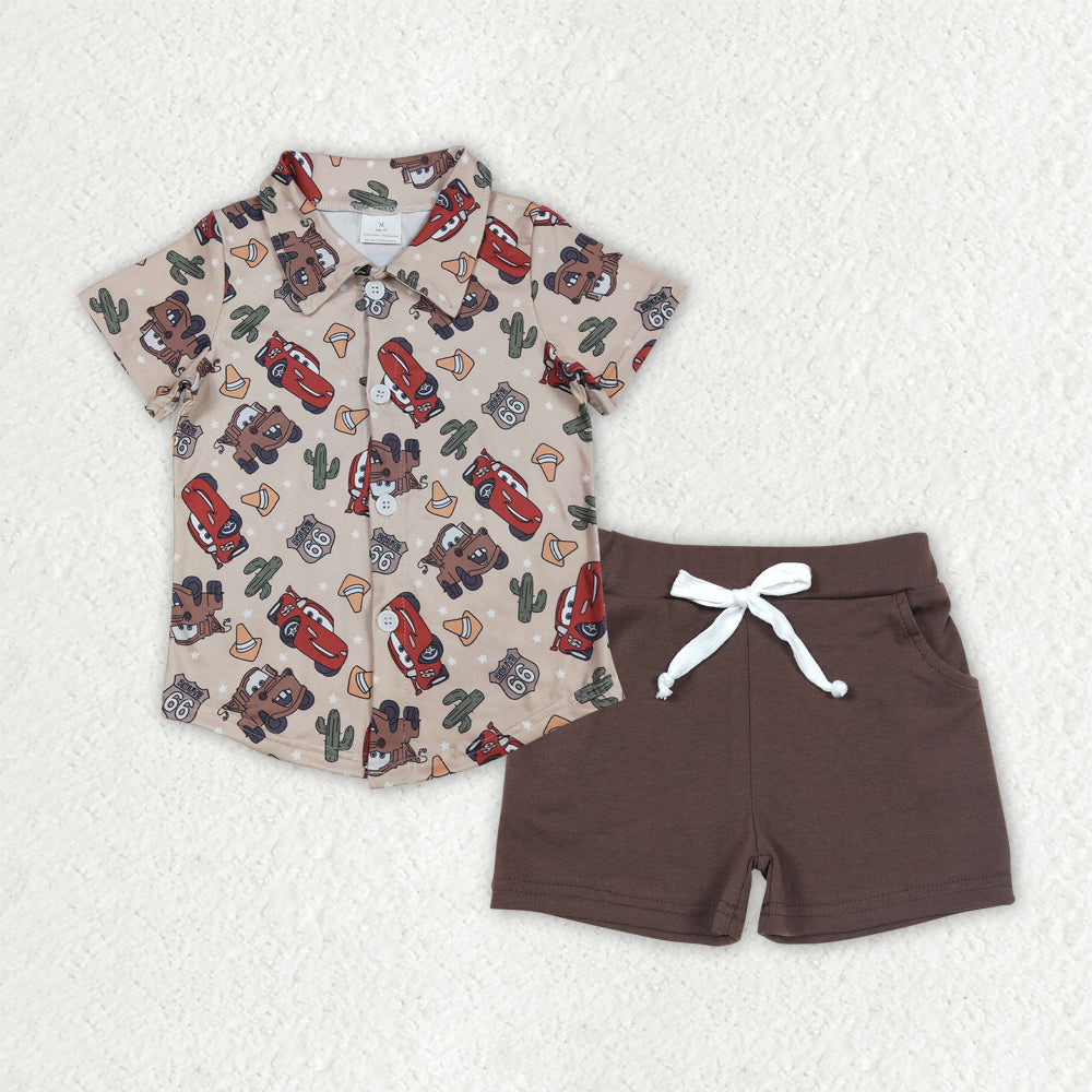 BSSO1436 Western cactus car short sleeve skirt brown shorts boys set