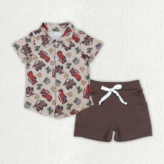 BSSO1436 Western cactus car short sleeve skirt brown shorts boys set