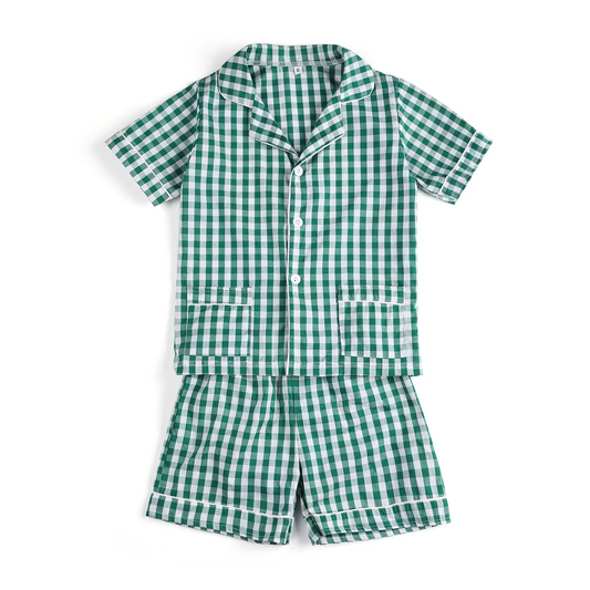 preorder BSSO1447 green checkered pockets short sleeve shorts boys set