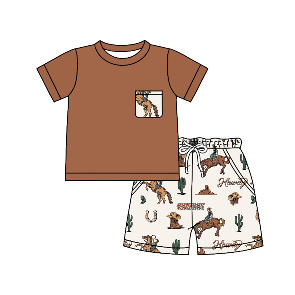 preorder BSSO1449 Western cowboy rodeo pocket brown short sleeve shorts boys set