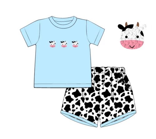 preorder BSSO1451 farm cow animals blue short sleeve cow print shorts boys set