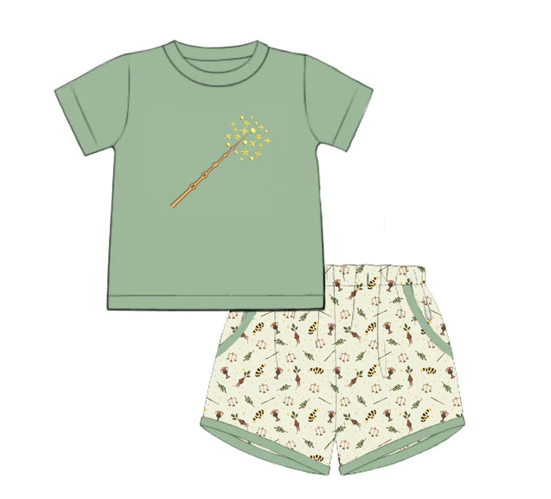 preorder BSSO1455 magic stick green short sleeve leaf shorts boys set