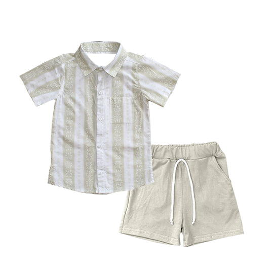 preorder BSSO1457 light khaki striped short sleeve shorts boys set