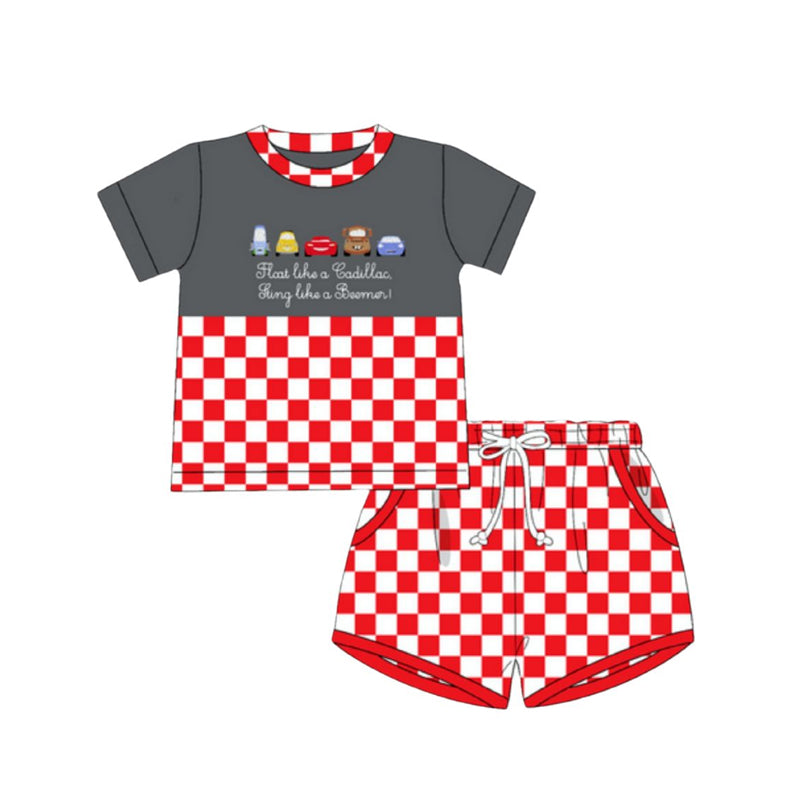 preorder BSSO1462 cartoon car greey short sleeve red checkered shorts boys set