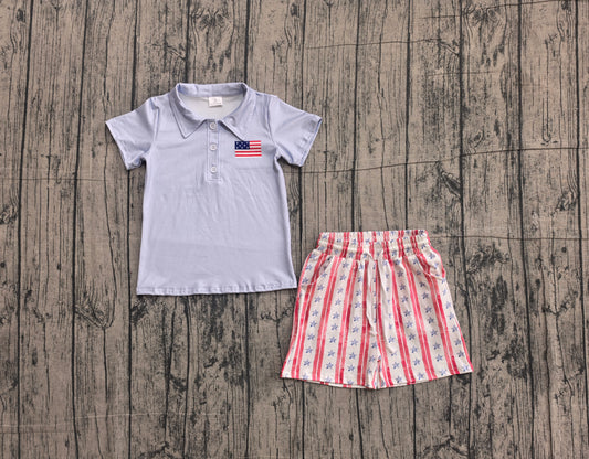 preorder Samples BSSO1480 July 4th flag blue short sleeve red striped shorts boys set