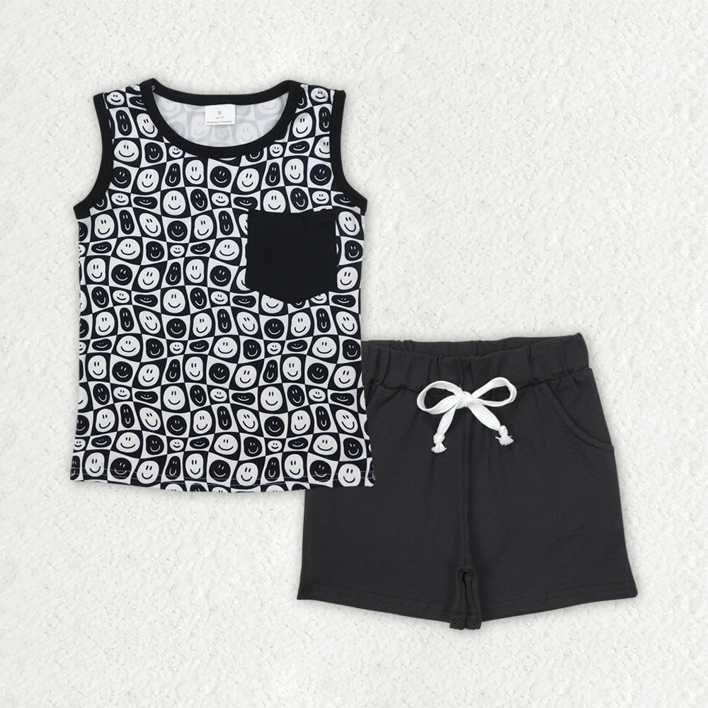 BSSO1483 black smile checkered pocket sleeveless black shorts boys set