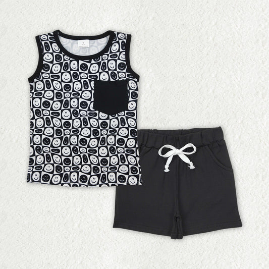 BSSO1483 black smile checkered pocket sleeveless black shorts boys set