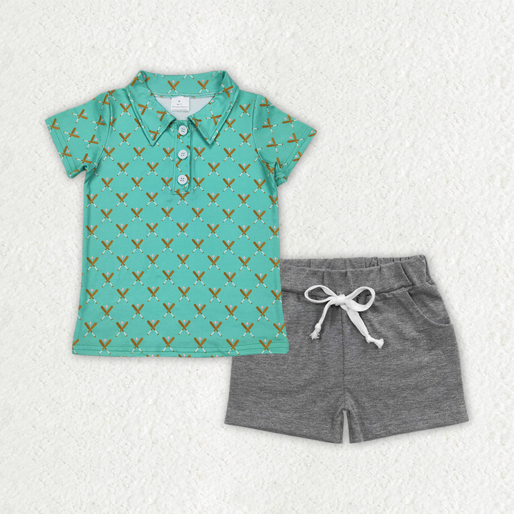 BSSO1484 baseball green short sleeve grey shorts boys set