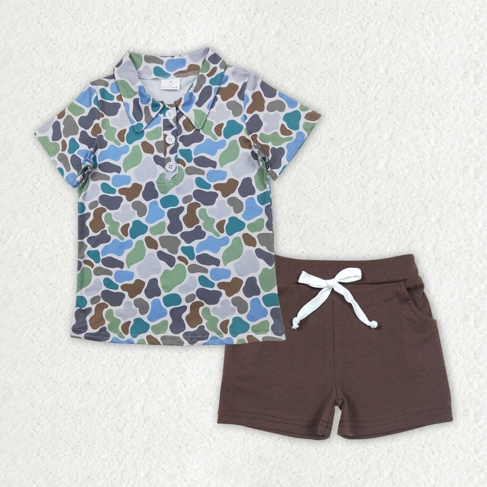 BSSO1492 hunting blue green camo short sleeve brown shorts boys set