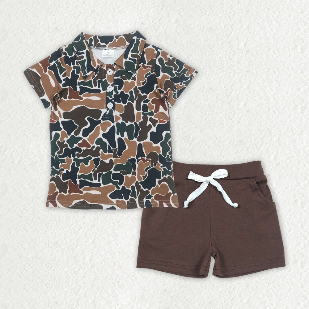 BSSO1493 hunting brown camo short sleeve brown shorts boys set