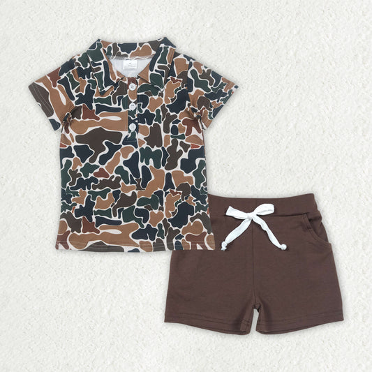 BSSO1493 hunting brown camo short sleeve brown shorts boys set