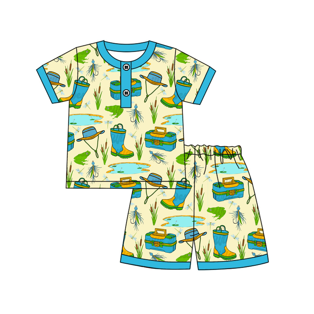preorder BSSO1495 i'd rather be fishing blue green short sleeve shorts boys set