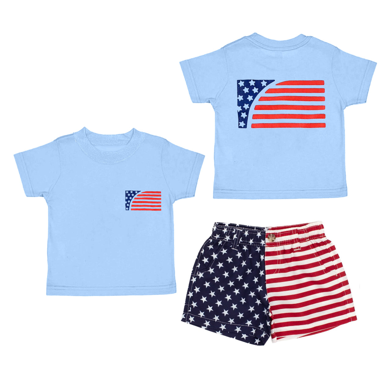 preorder BSSO1506 July 4th flag blue short sleeve star striped shorts boys set