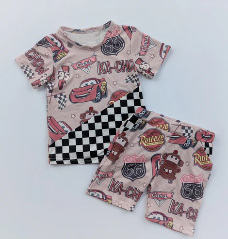 preorder BSSO1507 cartoon car checkered short sleeve shorts boys set