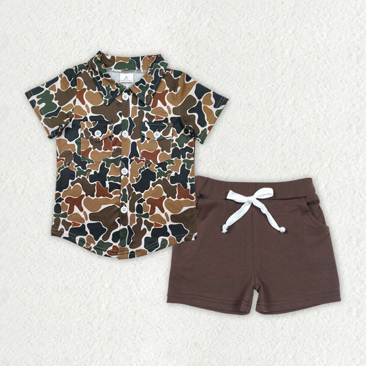BSSO1513 hunting camo brown camo short sleeve skirt brown shorts boys set