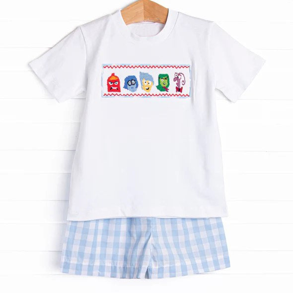 preorder BSSO1516 cartoon baby animals white short sleeve blue checkered boys set