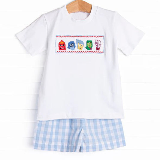 preorder BSSO1516 cartoon baby animals white short sleeve blue checkered boys set