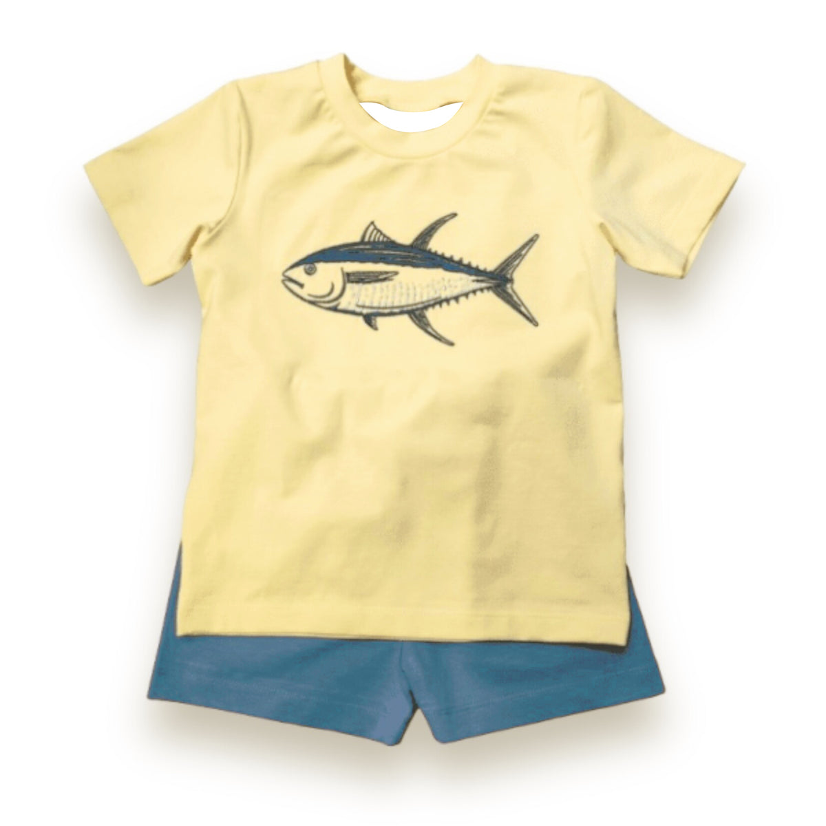 preorder BSSO1517 cartoon cute fish yellow short sleeve blue shorts boys set