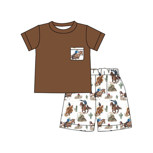 preorder BSSO1520 Western rodeo pocket brown short sleeve shorts boys set