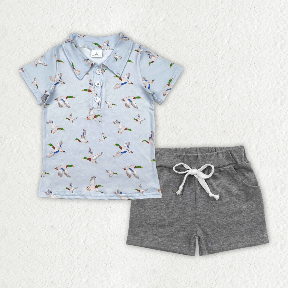 BSSO1523 hunting mallard duck short sleeve grey shorts boys set