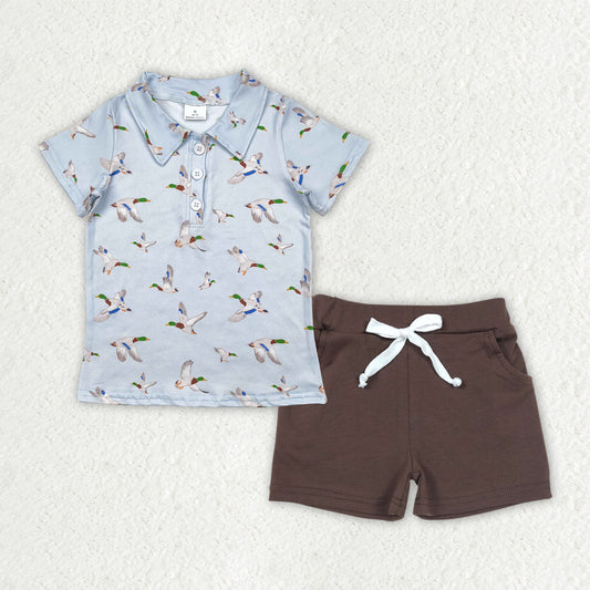 BSSO1524 hunting mallard duck short sleeve brown shorts boys set