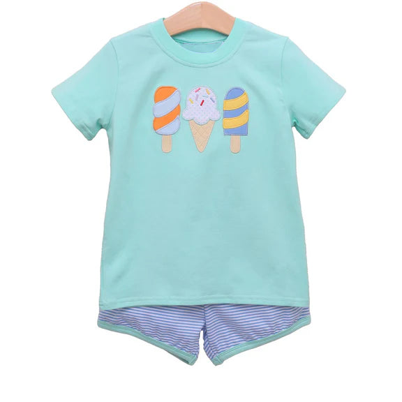preorder BSSO1527 cartoon ice green short sleeve blue striped shorts boys set